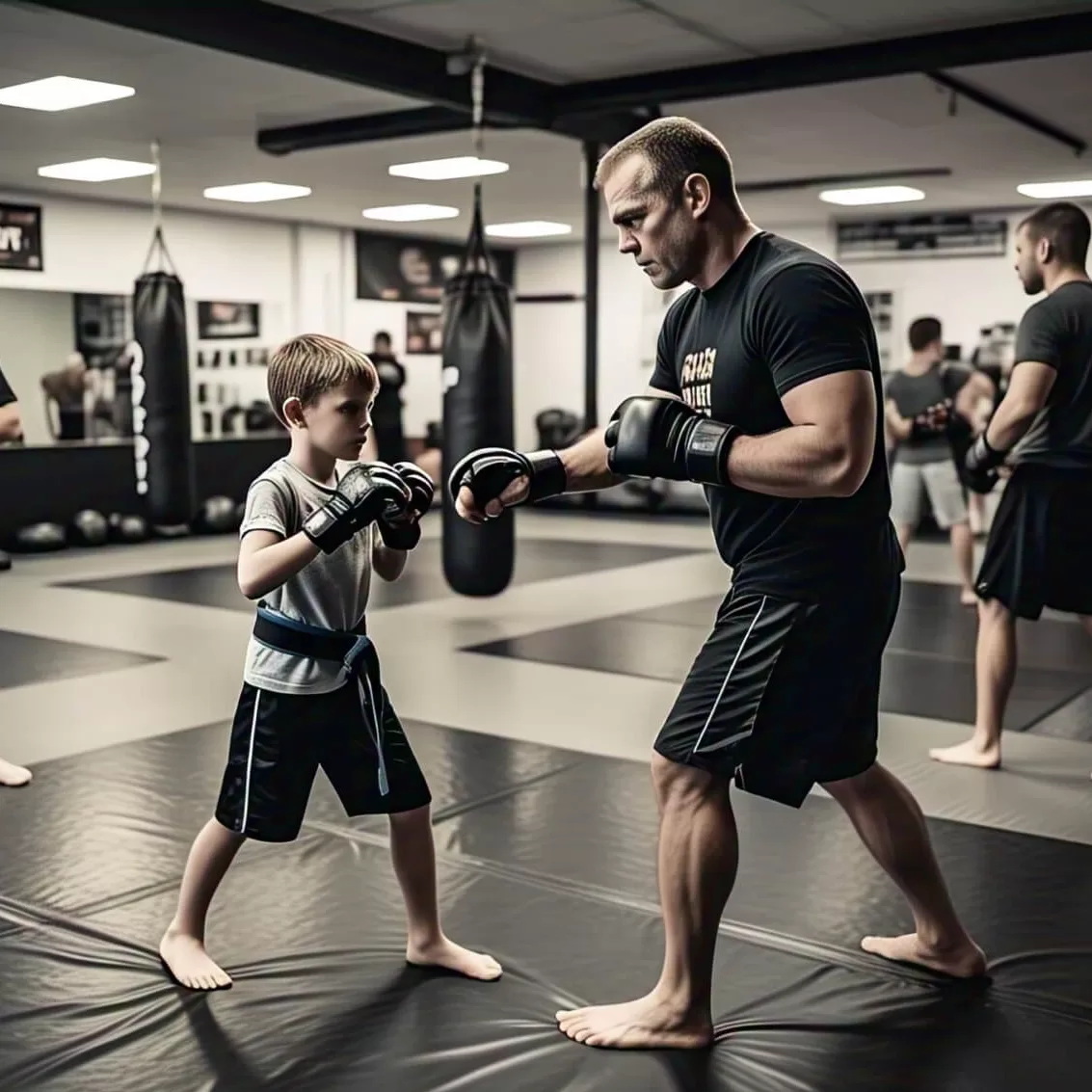 A young child wearing MMA gloves practices basic martial arts techniques under the supervision of an experienced instructor in a well-lit, professional training facility. The child looks focused and engaged, emphasizing discipline, safety, and the benefits of structured MMA training for kids.